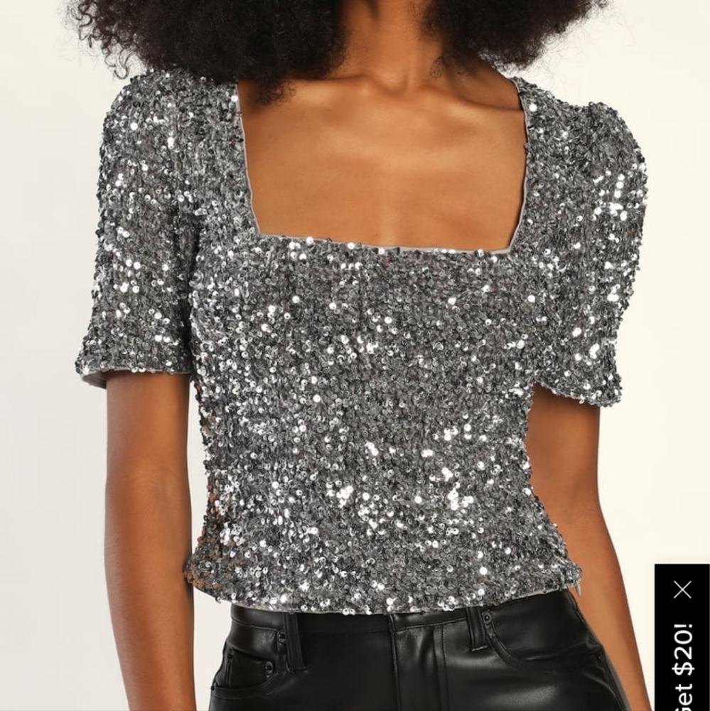 LULUS: Sparkling Marvel Silver Sequin Square Neck Crop Top SZ M